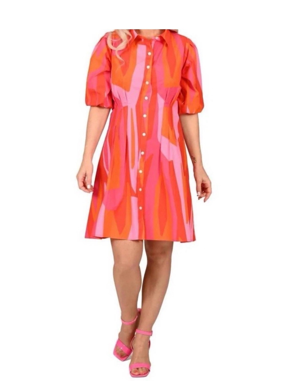 NWT Large SCAPA button down knee length  dress in orange/pink Lauren Perre